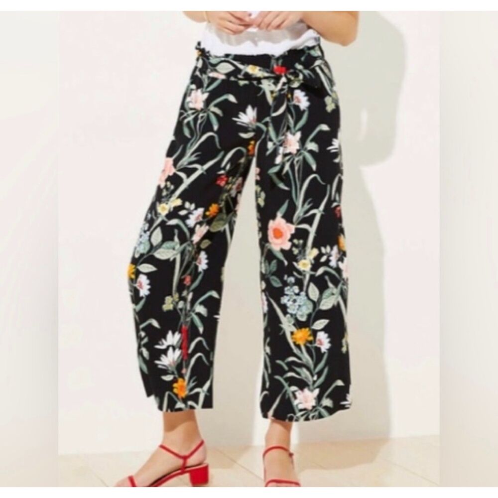 LOFT Garden Floral Wide Leg Pants 6P Flowy Pull On Loose Elastic Stretch
